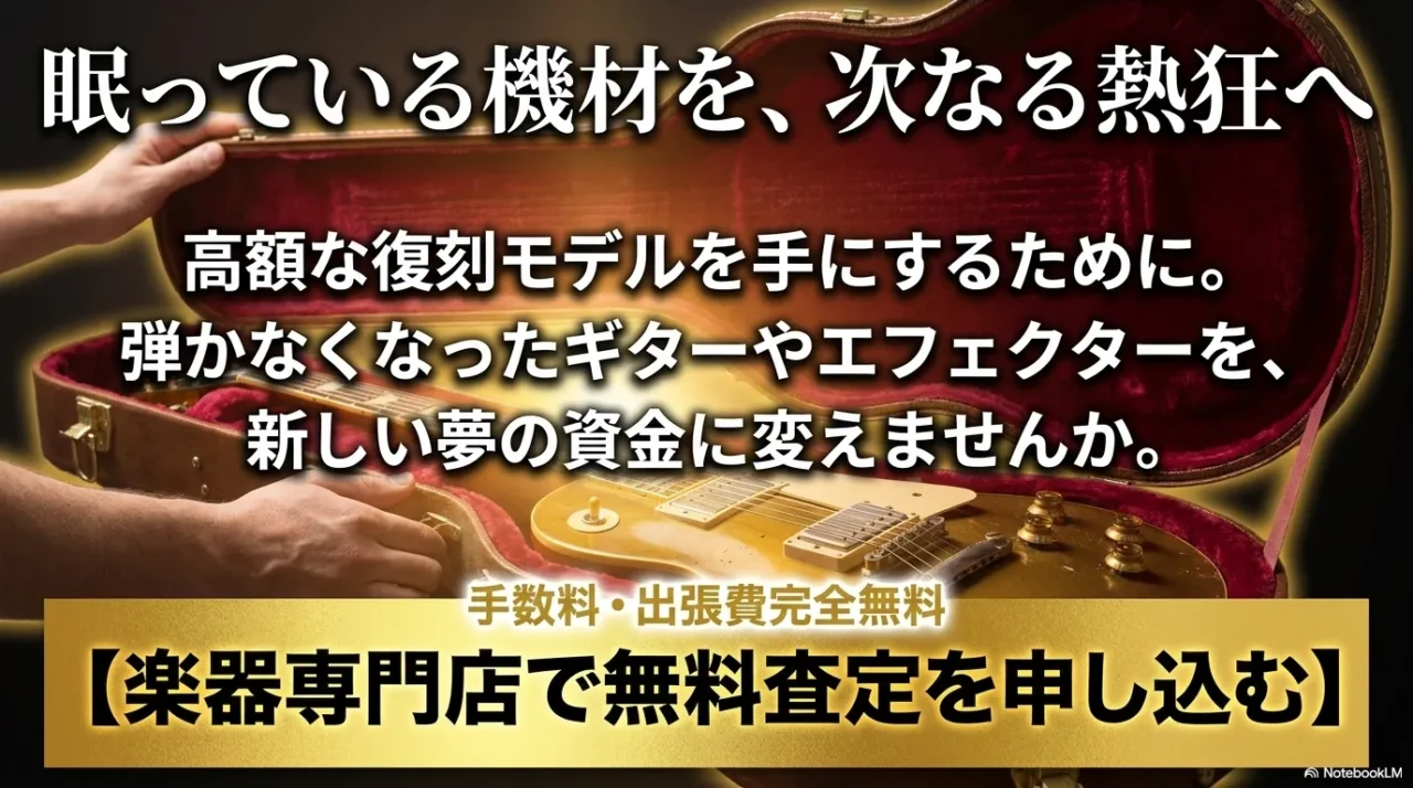 眠っているギターやエフェクターを無料査定に出し、高額な復刻モデル購入の資金づくりを促す楽器買取の画像