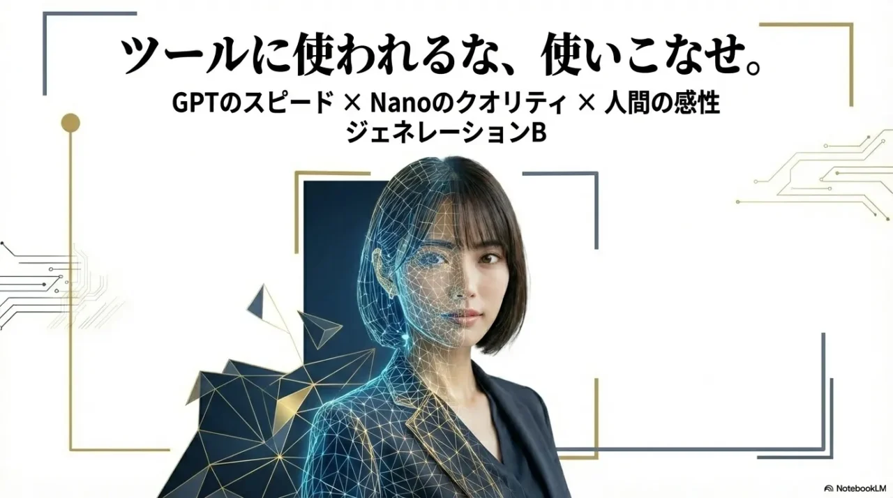 GPTのスピードとNanoのクオリティ、そして人間の感性で使い分けるという締めのメッセージ
