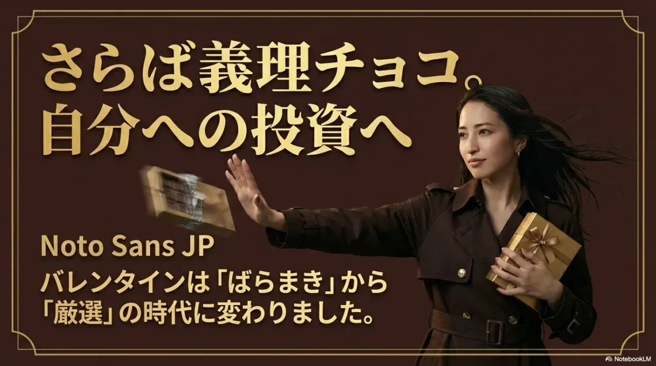 義理チョコが減り、自分用や厳選購入へ移る流れを示す画像