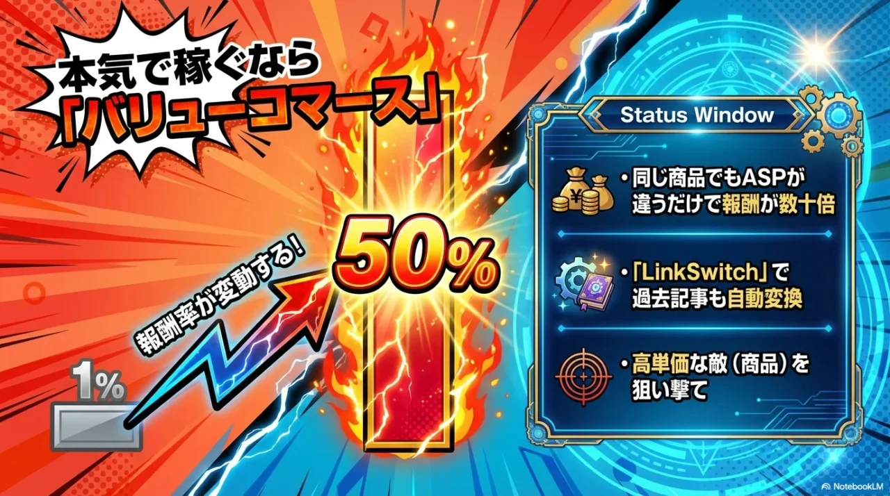 ASPの違いで報酬が数十倍変わるリスクとバリューコマースの報酬率メリット