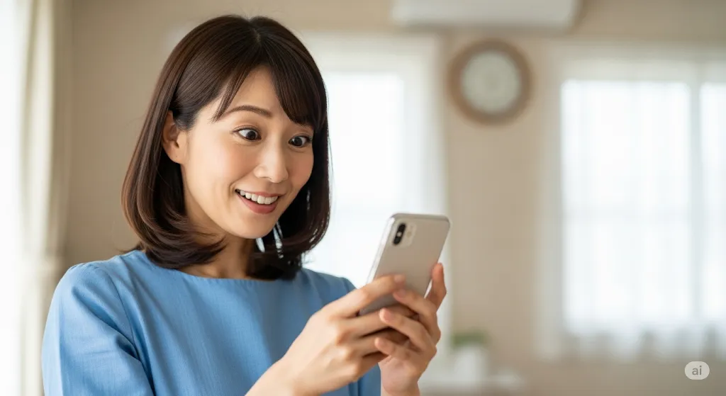 スマートフォンを驚いた表情で見ている女性