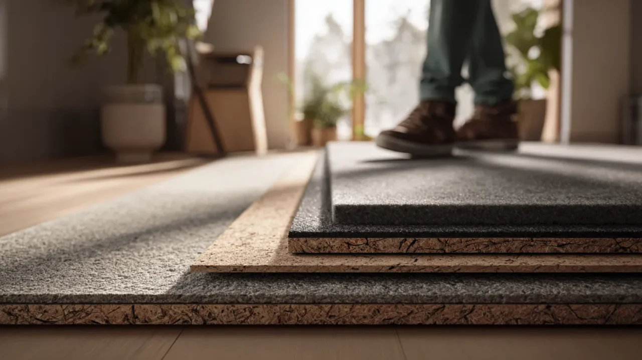 防振マットの複数の層を床に重ねて並べ、人物がその上に立っている様子を写実的に捉えた画像。ゴム層やフェルト層、コルク層など、異なる素材の厚みと質感がわかる。