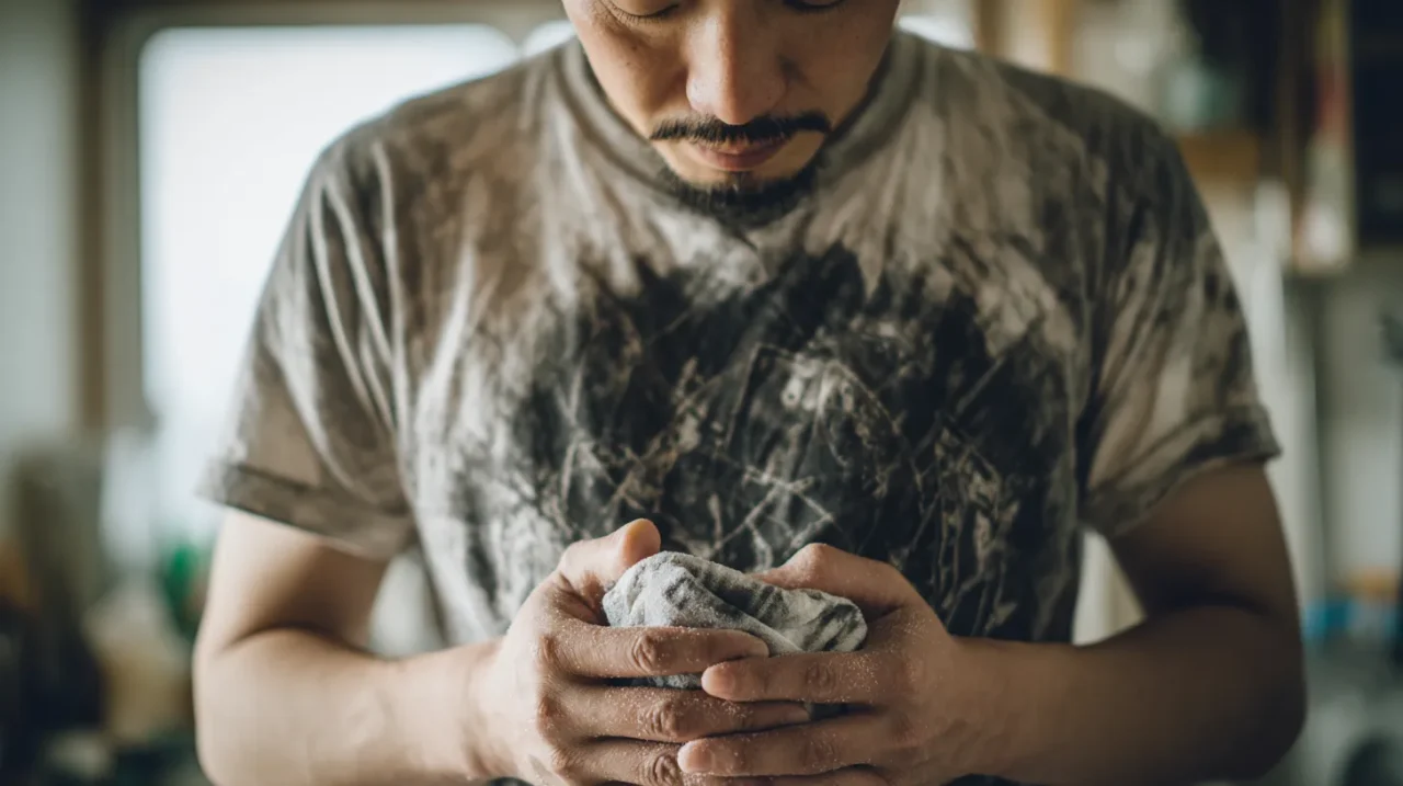 ヴィンテージのバンドTを裏返してプリントを守る手元