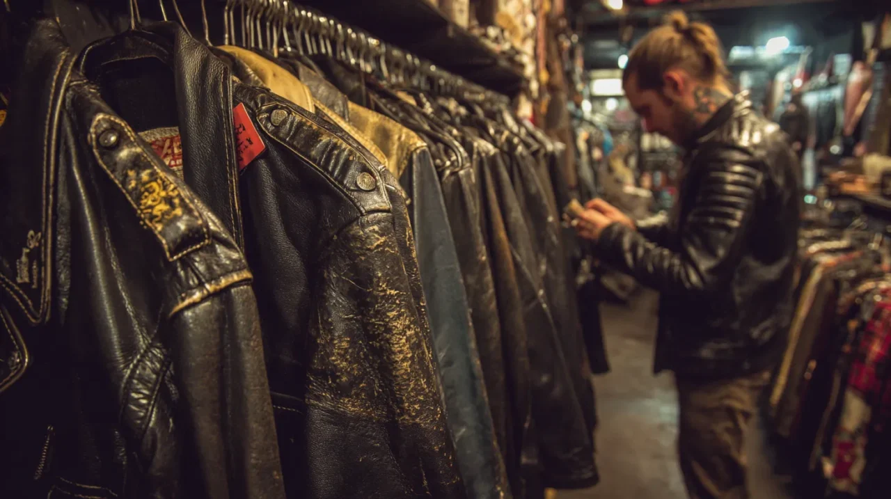 古着ショップの店内で、強いヤレ感や色ハゲの出た黒いライダースジャケットがハンガーにずらりと並び、奥では革ジャンを手に取って状態を確認している男性の姿がぼかして写っている写真