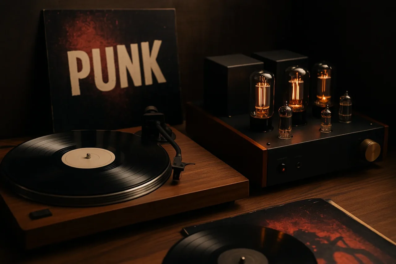 暖かな照明の下で輝く真空管アンプと木製レコードプレーヤー、パンクロックのレコードジャケットが並ぶビンテージなオーディオセットアップ。