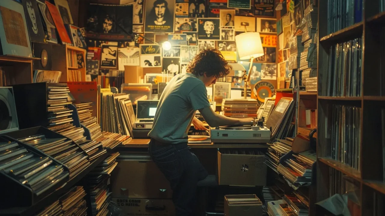 壁一面にレコードジャケットとポスターが貼られた雑多なレコード店で、若い人物がターンテーブルに向かい、無数のレコードを並べながら選曲・整理している様子。暖色の照明が机と棚を照らす。