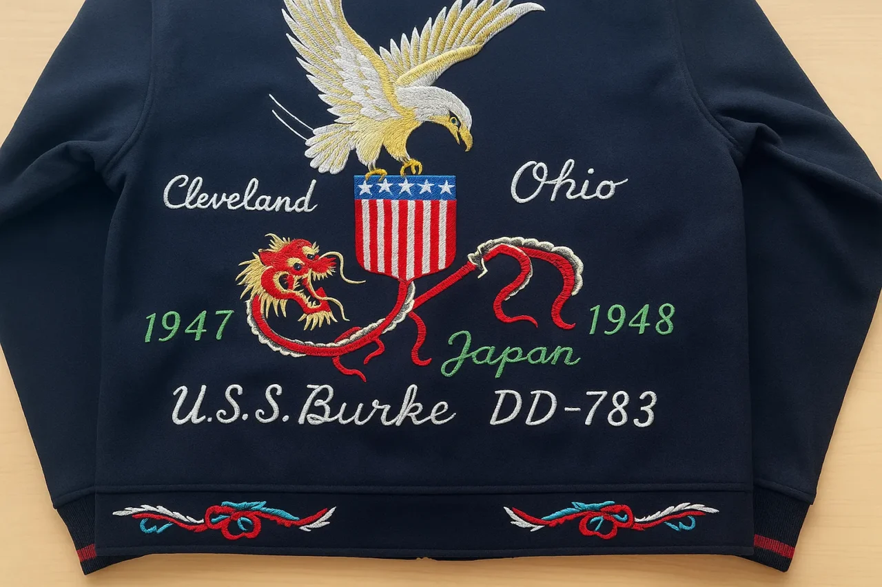 1947年から1948年にかけてのCleveland Ohioと日本を繋ぐ、USS Burkeの刺繍が施されたビンテージスカジャンの背面デザイン