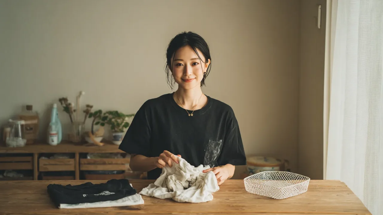 ヴィンテージTシャツのケア道具を並べて洗い方を整理する女性