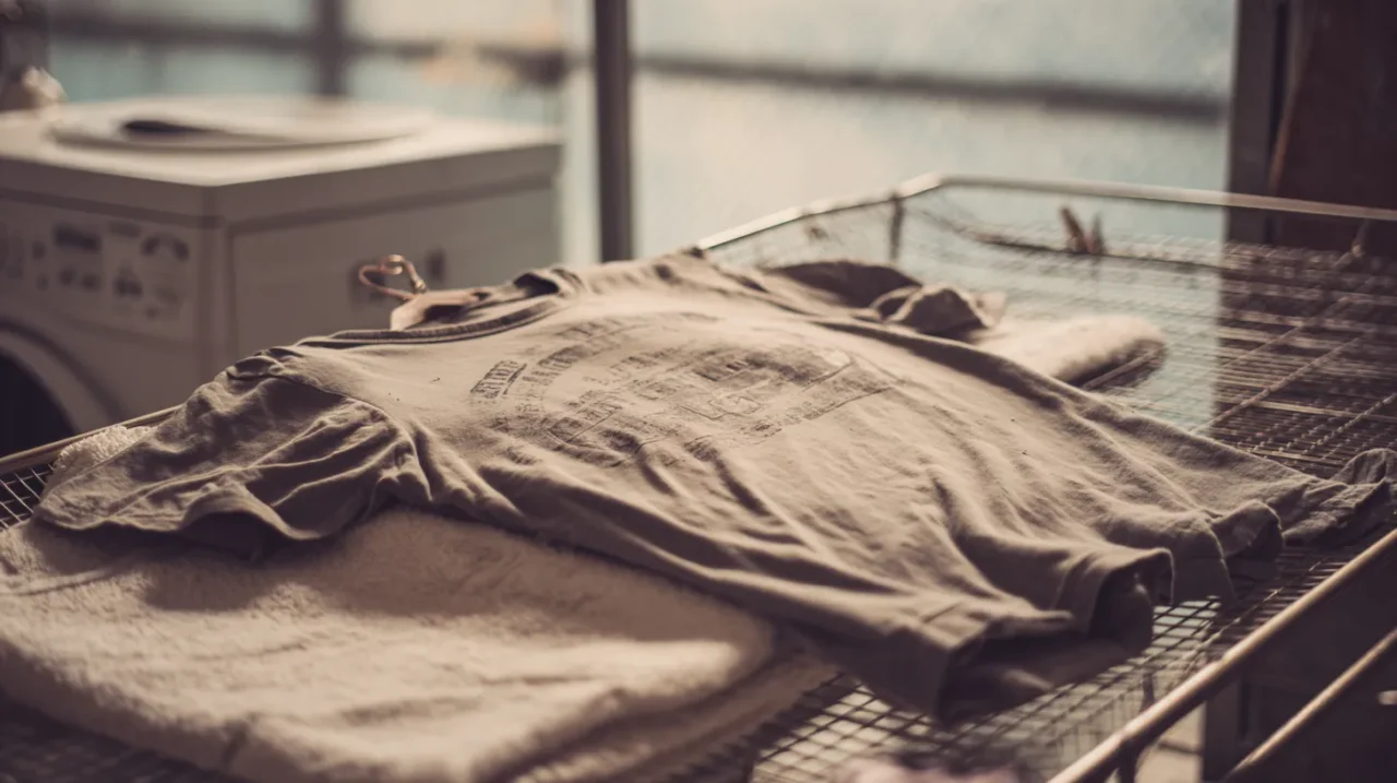 タオルと平干しネットでヴィンテージTシャツを陰干しする様子