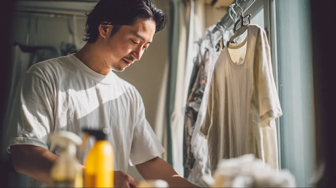 古着の臭い対策でTシャツを風通しの良い場所に陰干しする男性