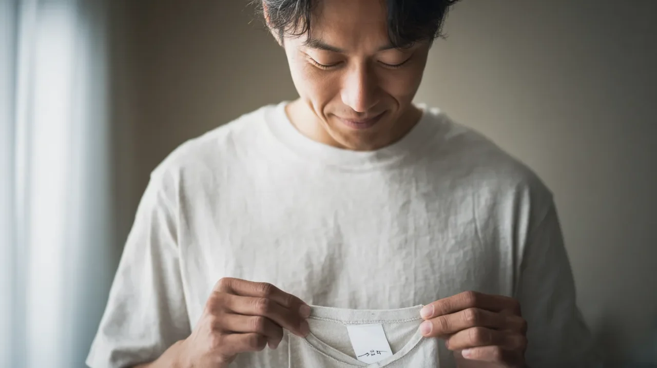 Tシャツの洗濯タグを手に取り表示を確認する男性