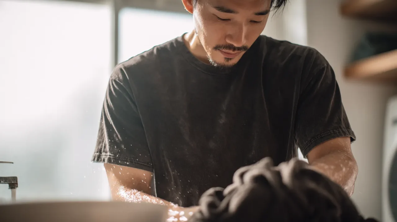 洗面台でヴィンテージTシャツを優しく押し洗いする男性