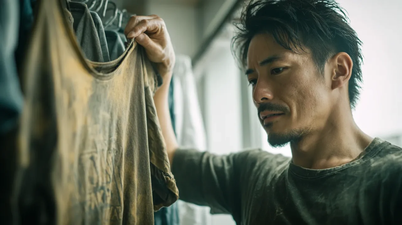 洗濯前にヴィンテージTシャツの生地と首元の状態を確認する男性