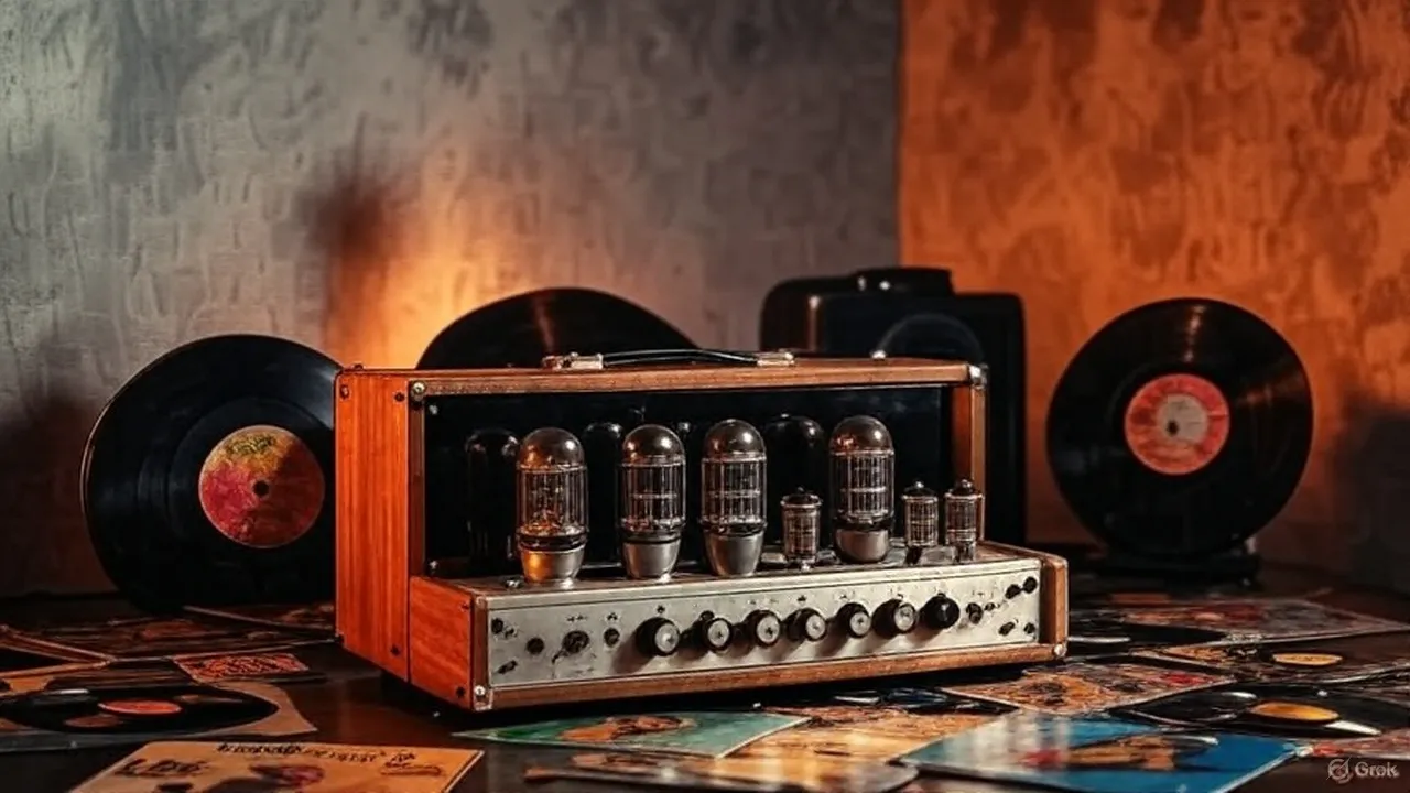 木製フレームの真空管アンプが中央に置かれ、周囲に複数のレコード盤とジャケットが散らばる。温かい照明が当たるヴィンテージ調のシーン。
