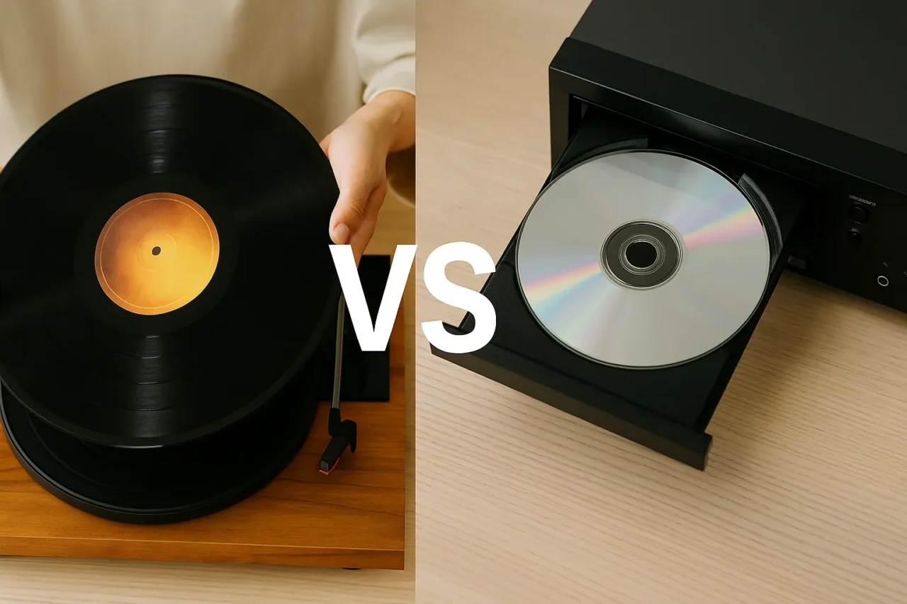 レコードプレーヤーに置かれたレコード盤と、CDプレーヤーに挿入されたCDを比較する画像。