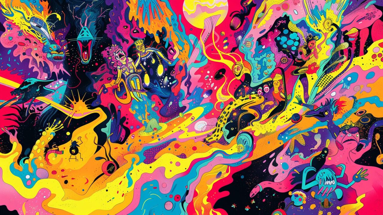 極彩色のサイケデリックな世界の中で、多数の人物や生き物、抽象的な形状が渦巻くように入り混じったポップアート風イラスト。ネオンカラーの流動的な模様が画面全体を覆い、カオスで幻想的な雰囲気を作り出している。
