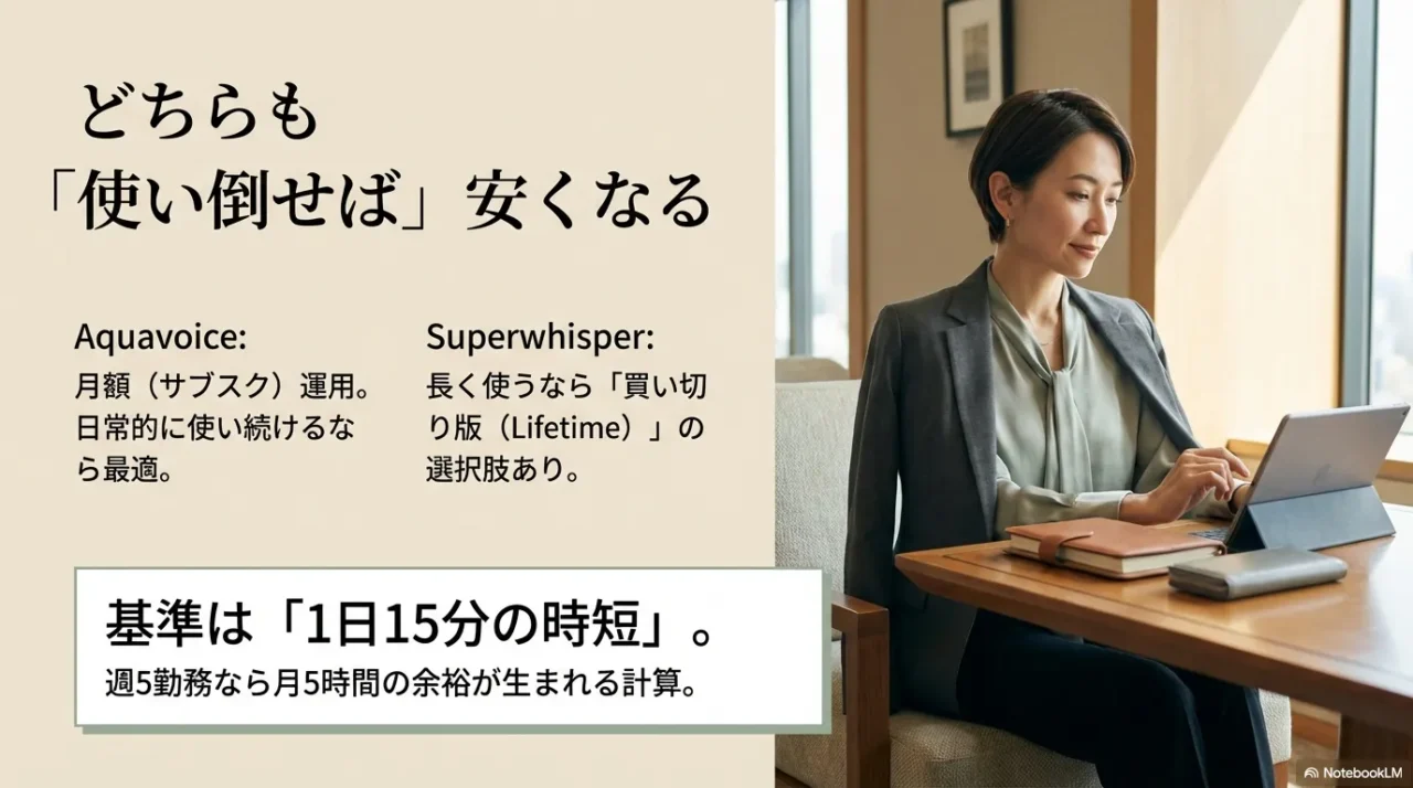 Superwhisperの買い切りとAquavoiceのサブスク料金を、1日15分の時短効果で回収できることを示す計算根拠。