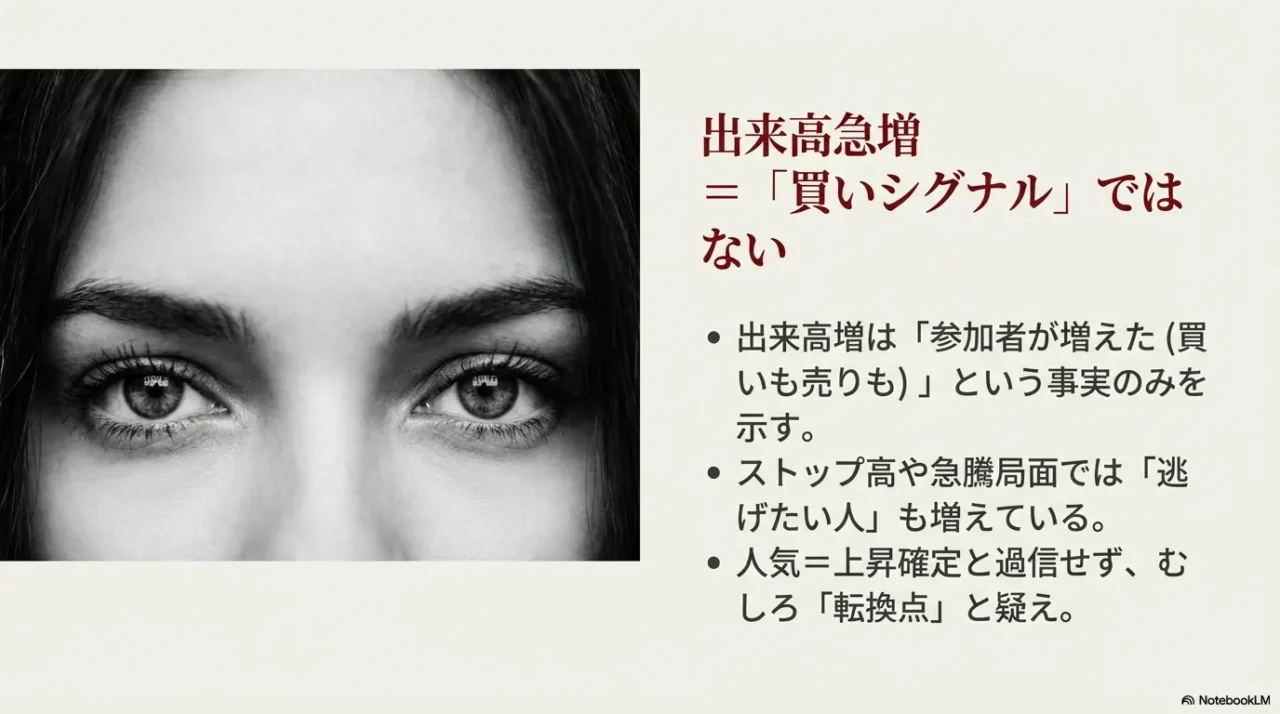 出来高増は参加者増(買いも売りも)を示すだけで、急騰局面ではむしろ転換点を疑うべきだと伝えるスライド