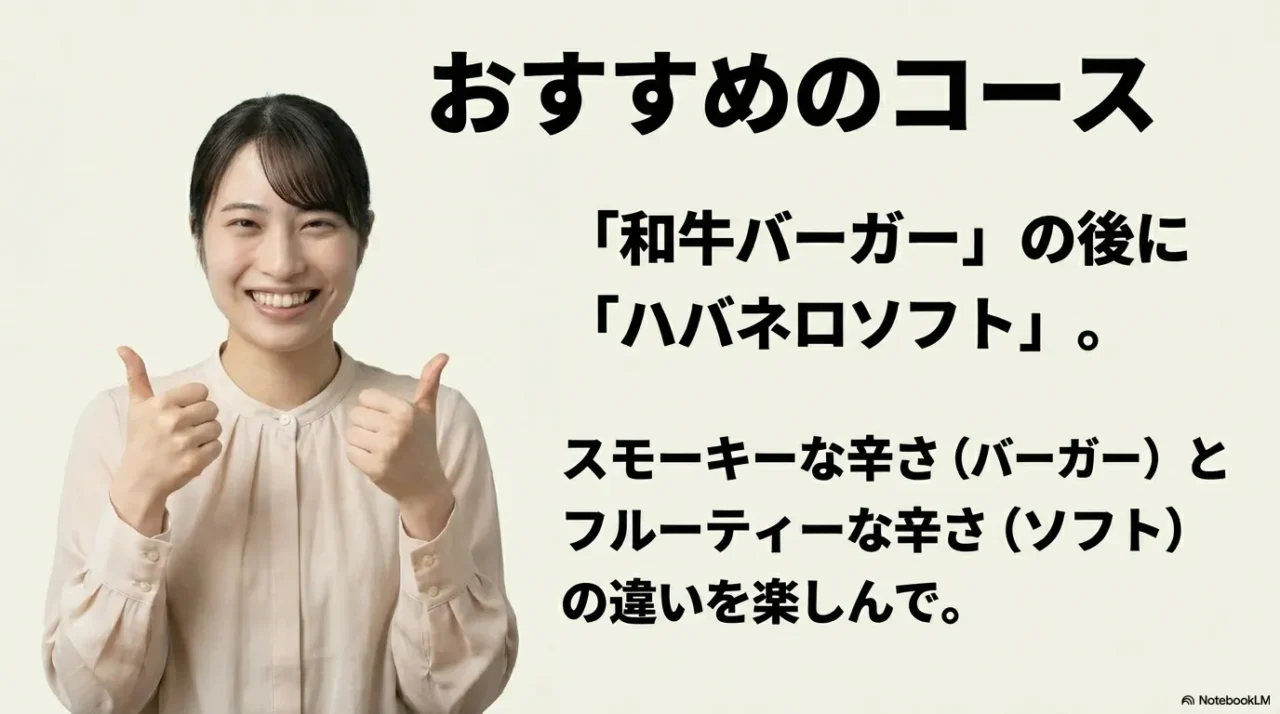 スモーキーな和牛バーガーの後にフルーティーなハバネロソフトを楽しむコース提案