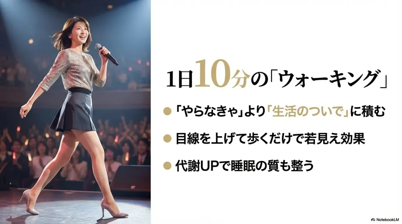 森高千里風の女性がステージを歩くイメージ画像。生活のついでに行うウォーキングと目線を上げる効果について。