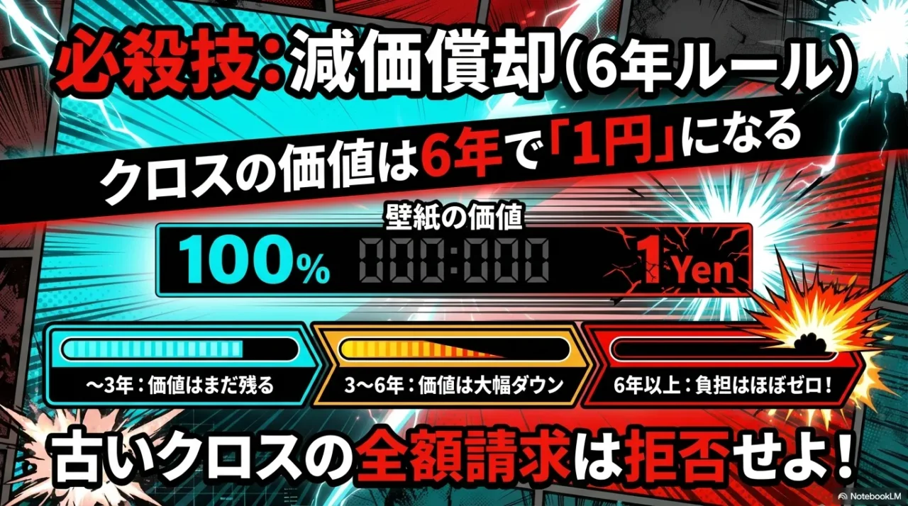 壁紙の価値は6年で1円になる。入居年数に応じた負担割合の変化を示す減価償却の図解