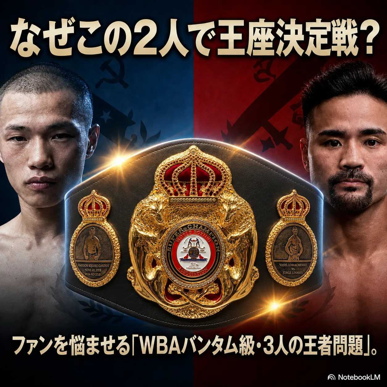 WBA世界バンタム級王座決定戦のサムネイル画像。左右に2人のボクサーが向かい合い、中央にWBAスーパーチャンピオンベルトを配置。「なぜこの2人で王座決定戦?」「ファンを悩ませるWBAバンタム級・3人の王者問題」のテキスト入り。