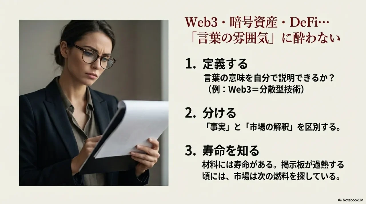 Web3/暗号資産/DeFiなどは①定義する②事実と解釈を分ける③材料の寿命を知る、の3点で整理するスライド