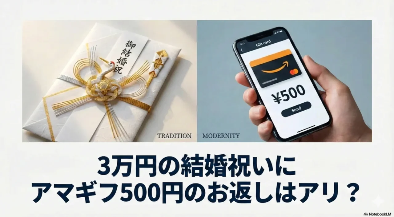 ご祝儀袋とスマホのAmazonギフトカード500円が並び、結婚祝いのお返しの悩みを示す画像