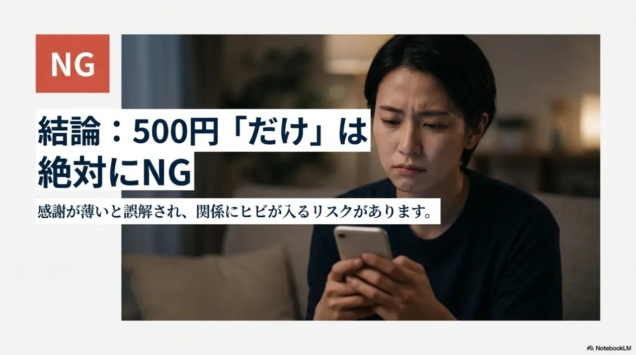 500円だけのお返しはNGだと強調し、受け取った側の不安を表現する画像