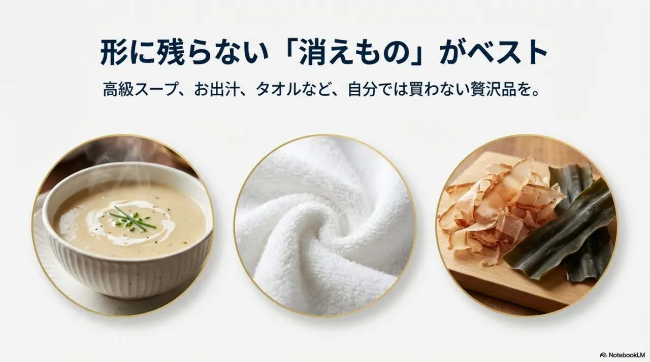 高級スープやタオル、だしなど「消えもの」内祝いの具体例を並べた画像