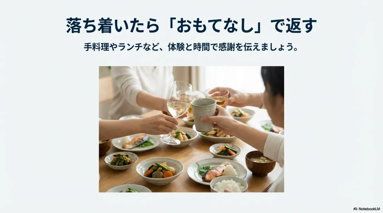 食事でもてなしで感謝を伝える様子を写し、行動で返す方法を示す画像