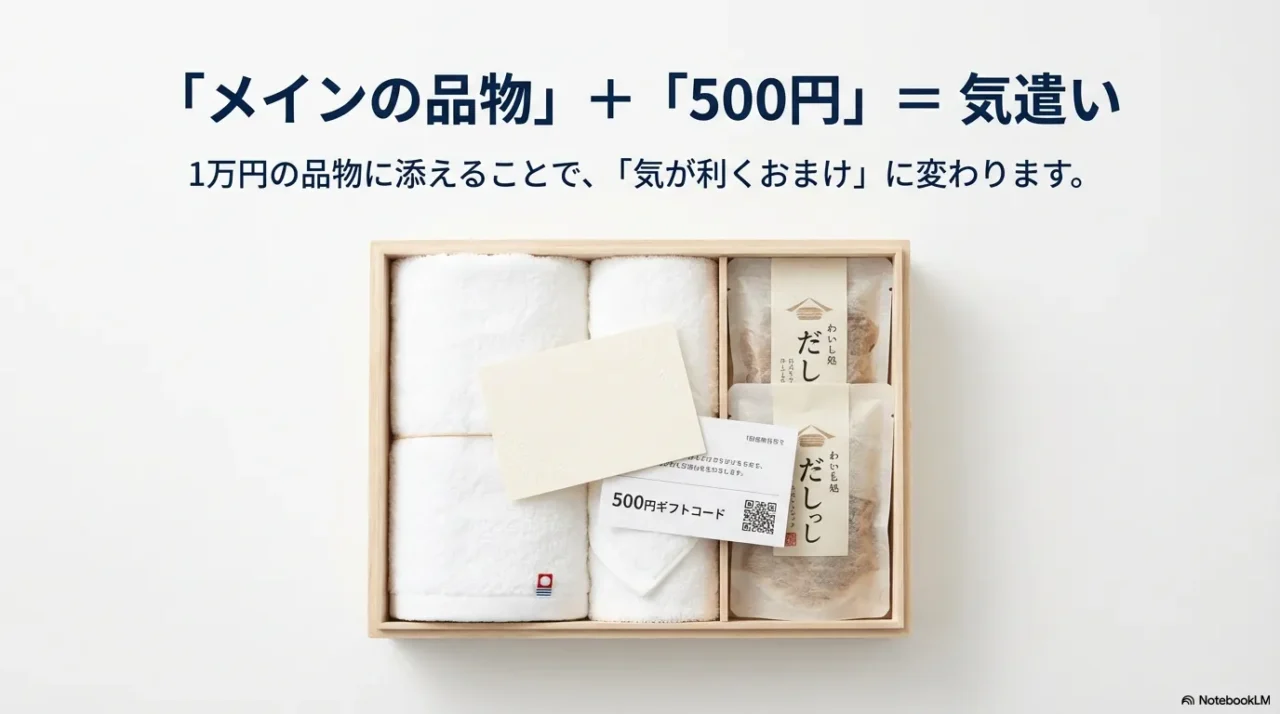 1万円相当の品物に500円のギフトコードを添えると気遣いになることを示す画像