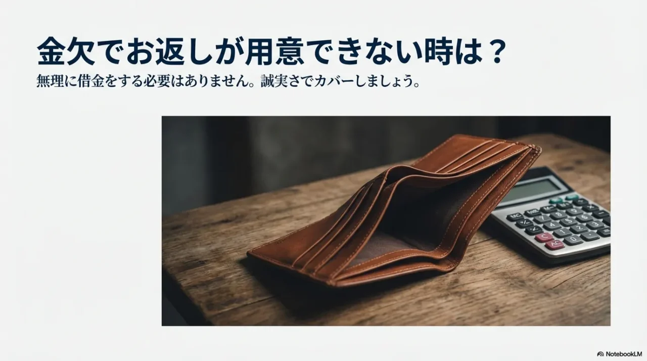 金欠で内祝いが用意できない状況を示し、誠実な対応が必要だと伝える画像