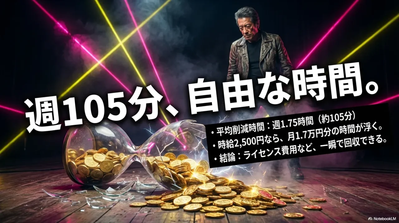 週105分の削減と時給換算で、Standardの費用対効果が高いことを示すスライド