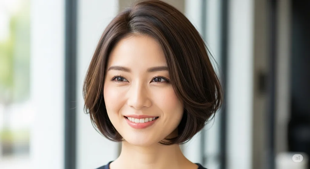 スタイリッシュなショートボブの女性が微笑んでいる。