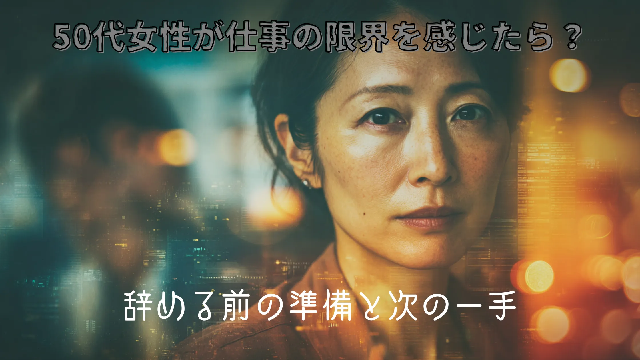 仕事の限界を感じながらも、辞める前の準備と次の一手を考える50代日本人女性の力強い表情を描いたアイキャッチ画像