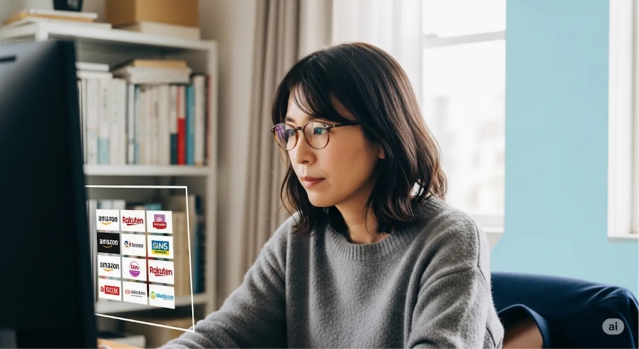 自宅のデスクでパソコンの画面を見ている眼鏡をかけた女性。画面には複数のオンラインストアのロゴが浮かび上がっている。