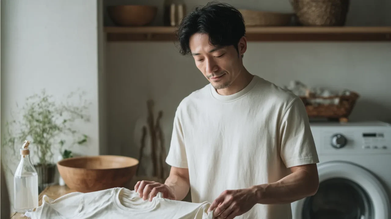 白いヴィンテージTシャツの黄ばみや汗じみを部分ケアする男性