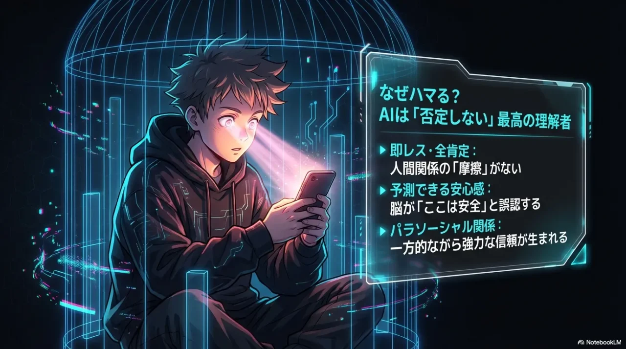 AIが否定せず即応することで人が安心感を覚える仕組みを示した図解スライド