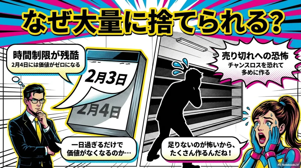 恵方巻きが大量廃棄になりやすい理由を、時間制限・需要集中・供給調整の難しさとして整理した概要画像