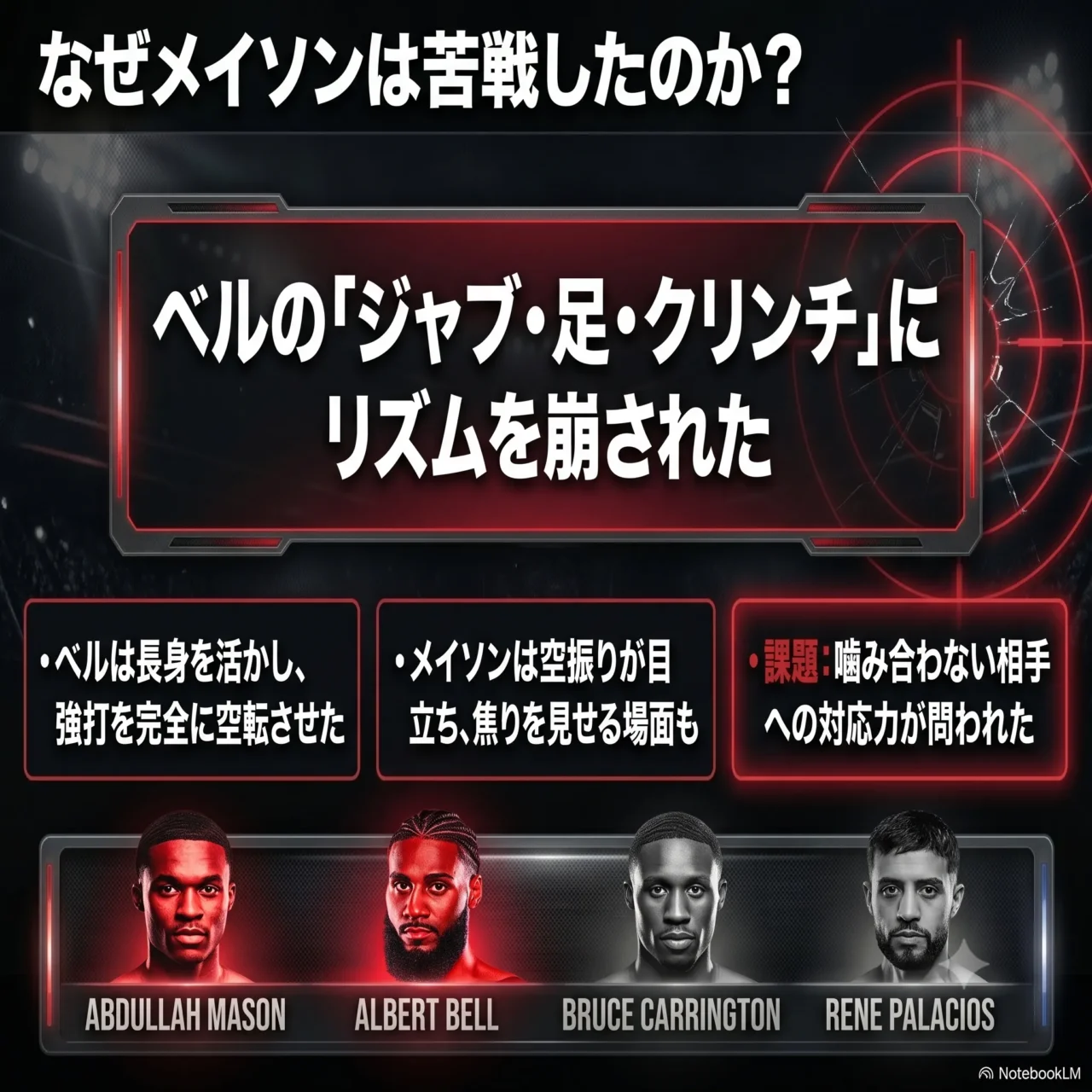 ボクシング分析インフォグラフィック「なぜメイソンは苦戦したのか？」ベルのジャブ・足・クリンチにリズムを崩された点を解説。長身活用、空振り、対応力の課題を3項目で紹介し、メイソン、ベル、カリントン、パラシオスの4選手の顔写真を掲載。