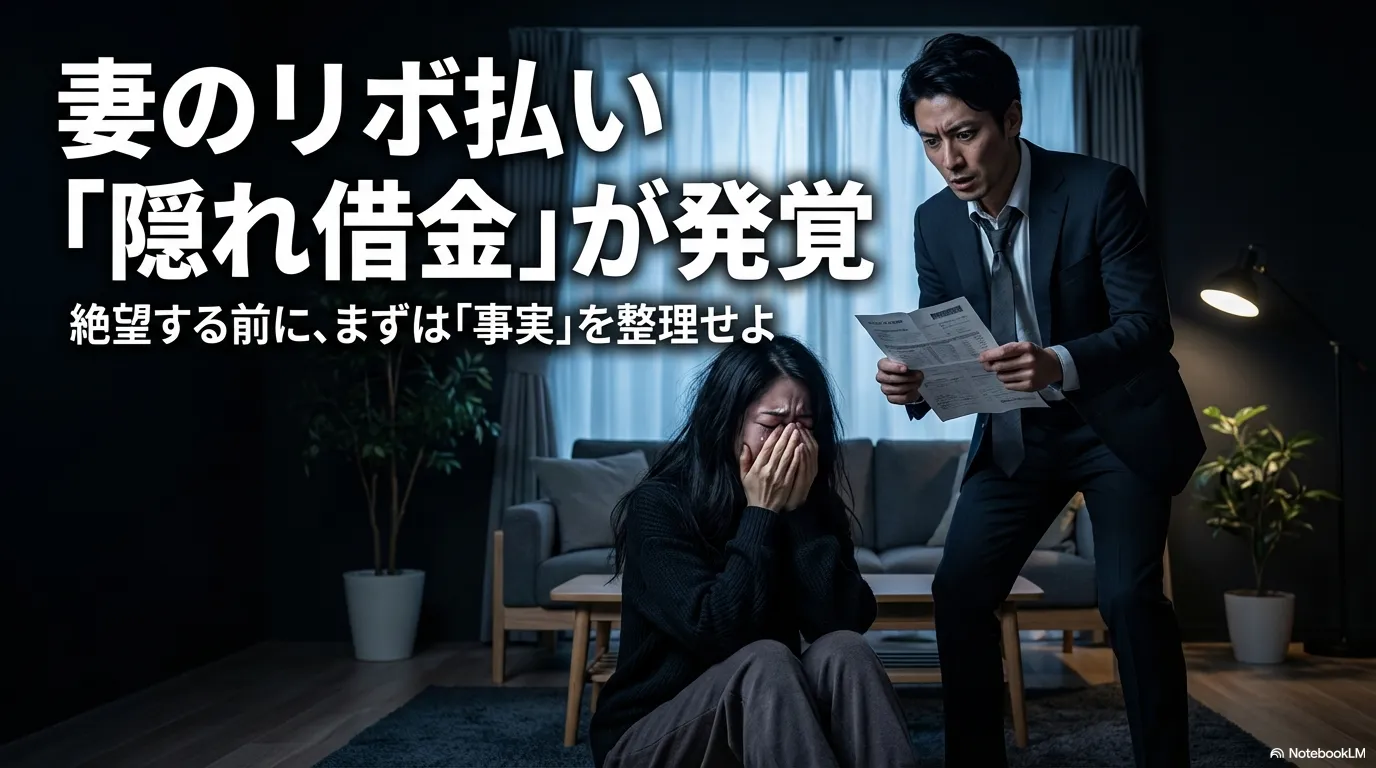 妻のリボ払いによる隠れ借金が発覚した際、絶望する前に事実を整理することを促すスライド
