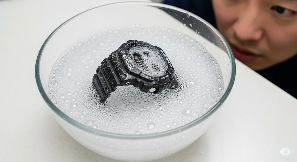 酸素系漂白剤に浸されたG-SHOCKを心配そうに見る日本人女性の手