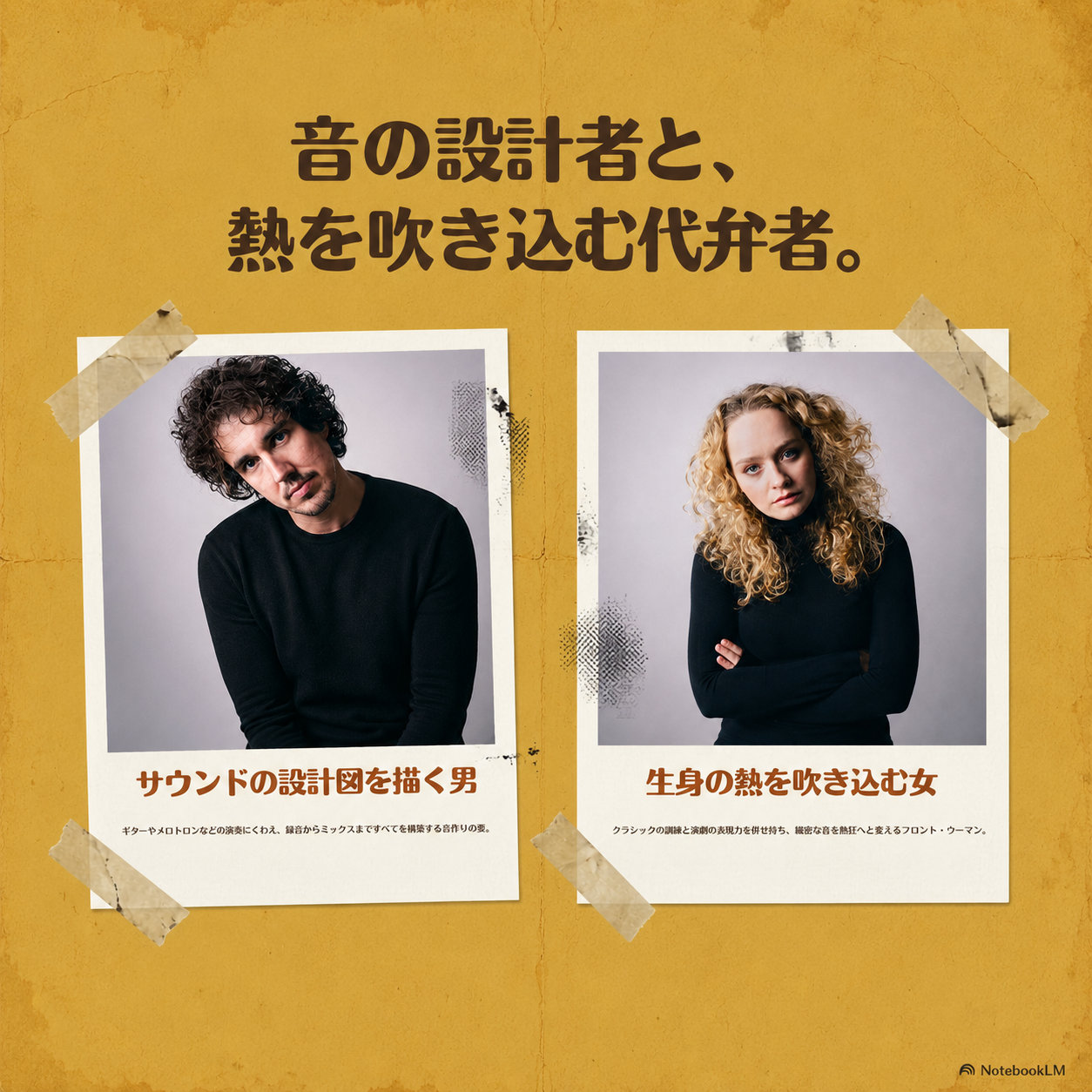 音楽ユニットを紹介するポスター。「音の設計者と、熱を吹き込む代弁者。」の見出しの下、黒髪の男性「サウンドの設計図を描く男」と金髪巻き毛の女性「生身の熱を吹き込む女」の2枚のポラロイド写真が並ぶ。