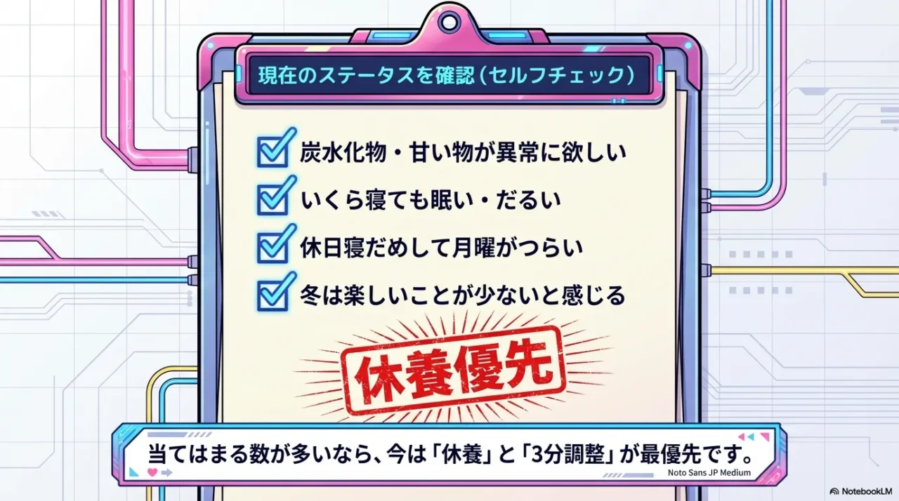 冬の不調チェック項目と、休養・相談の判断軸を示した画像