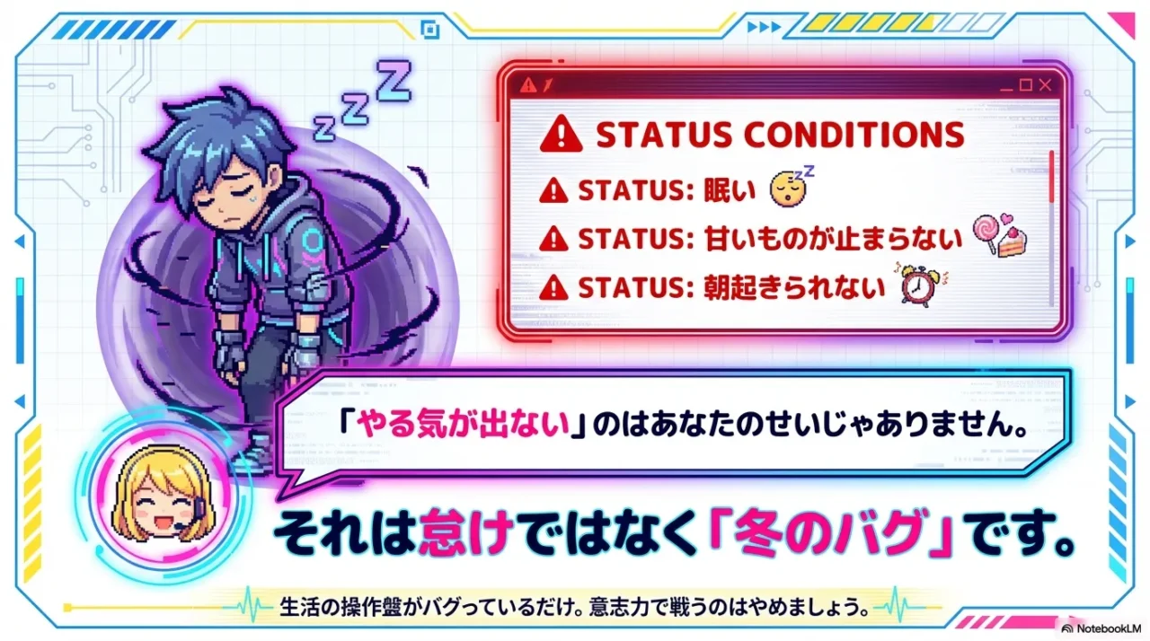 眠い・過食・朝起きられない等の状態を“バグ”として整理し、責めない視点を示すスライド