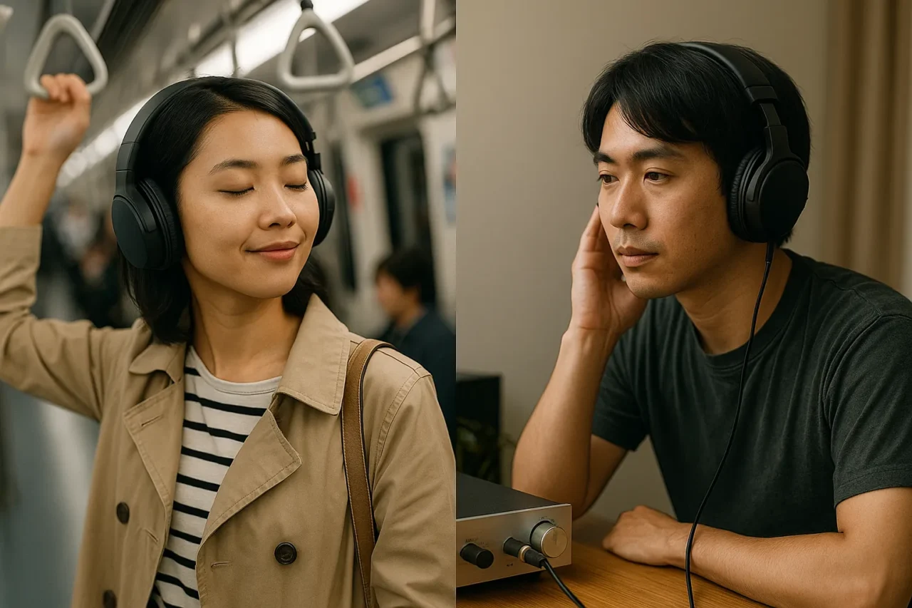左側では電車内でワイヤレスヘッドホンを快適に使う女性、右側では自宅でヘッドホンアンプに繋いだ有線ヘッドホンで真剣に音楽を聴く男性を対比させた画像。