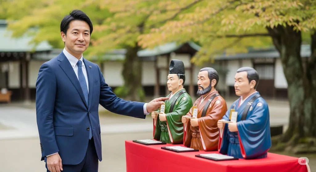 複数の像の横にたつ男性