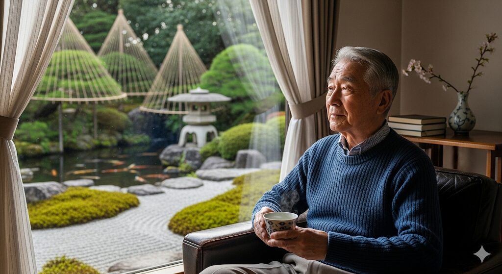 窓から日本庭園を眺めながら、年金についての賢い選択を思案する男性