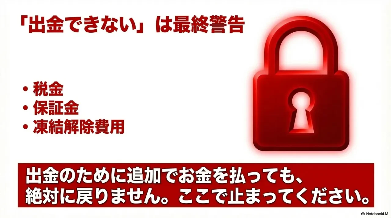 税金、保証金、凍結解除などの名目で追加送金を要求されるケースの警告